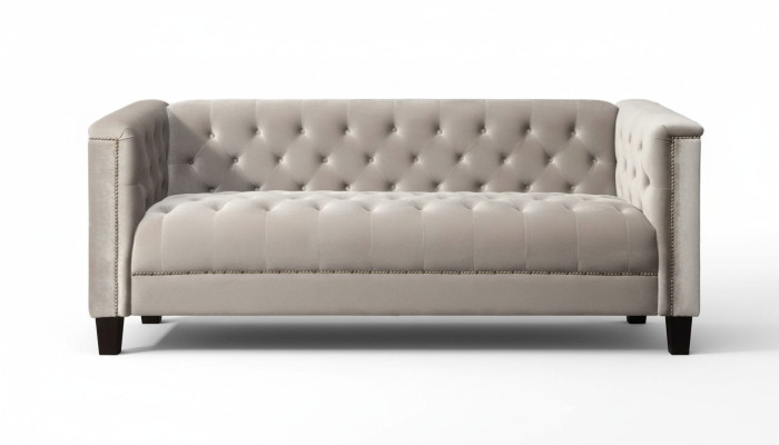 Pelēkā krāsā, trīsvietīgā tekstila Chesterfield stila mūsdienīga dizaina dīvāns istabas mūsdienīgam dizainam.