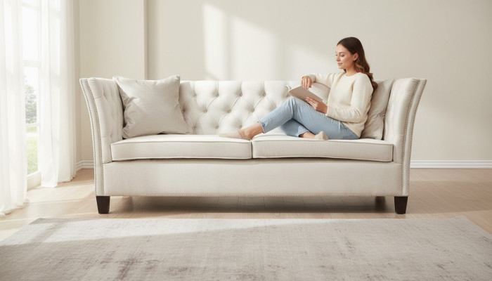 Chesterfield divguļamā sofa gaiši pelēks audums dzīvojamā istaba dizaina polsterēta sofa kreatīva