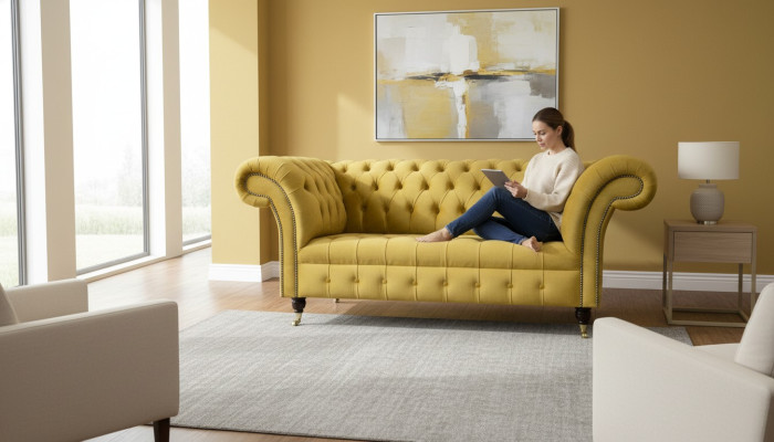 Chesterfield dizaina luksusa mēbeļu dīvāns dīvāns ar sedziņām ādas audums dzeltena jauna