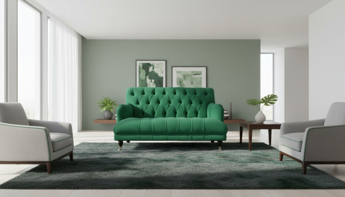Chesterfield krēsla kanapē polster sofa, 1,5-istabas divvietīgā un vienvietīgā dīvāns zaļā tekstilē.