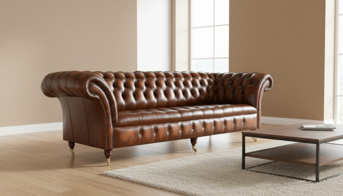 Brunais "Chesterfield" dīvāns ar auduma pārklājumu un ādas dīvānu komplekts, 4 sēdvietu.