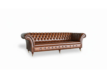 Brunais "Chesterfield" dīvāns ar auduma pārklājumu un ādas dīvānu komplekts, 4 sēdvietu.