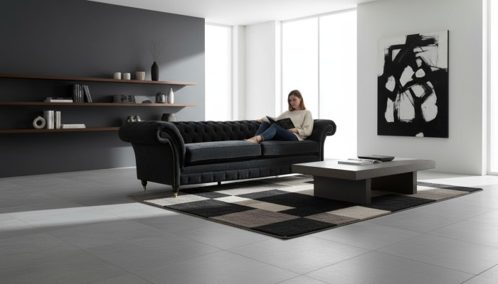 Lielā sofa 4 sēdvietu dīvāns Chesterfield polsterētā galdiņa komplekts ādas un tekstila melnā krāsā