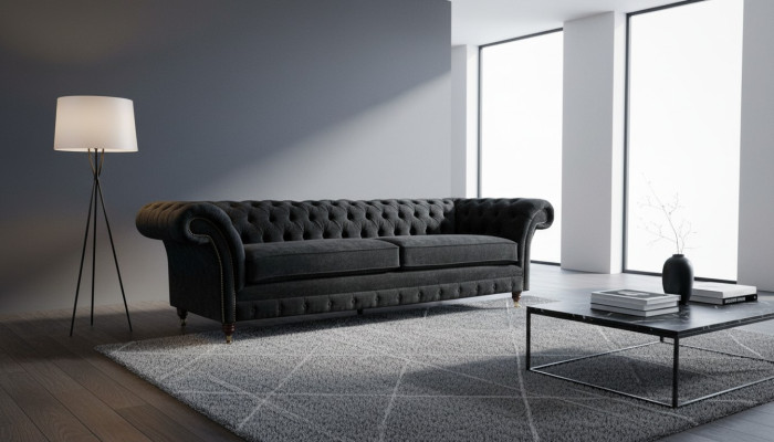 Lielā sofa 4 sēdvietu dīvāns Chesterfield polsterētā galdiņa komplekts ādas un tekstila melnā krāsā