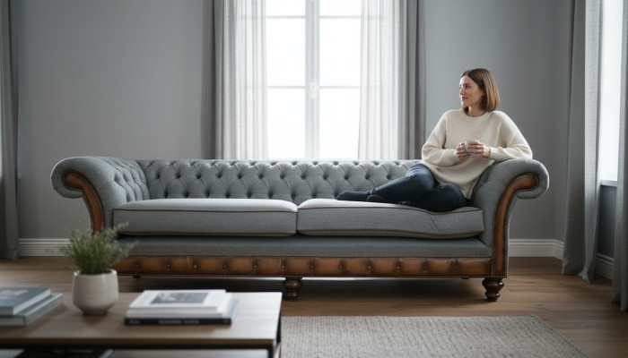 Liela XXL dīvāna 4-vietīga dīvāna Chesterfield komplekts ādas un tekstila pelene. Szürke.