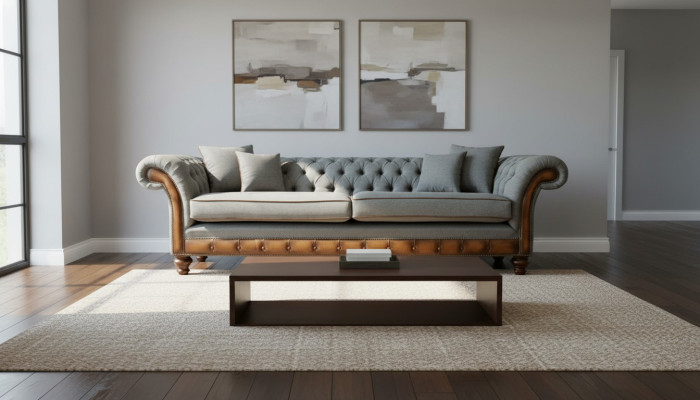 Liela XXL dīvāna 4-vietīga dīvāna Chesterfield komplekts ādas un tekstila pelene. Szürke.