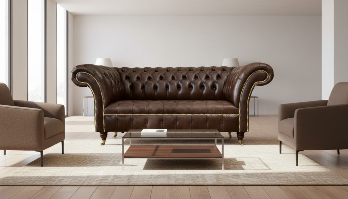 Chesterfield veļura dizaina divgabalu dīvāns tekstila āda apdare brūns jauns