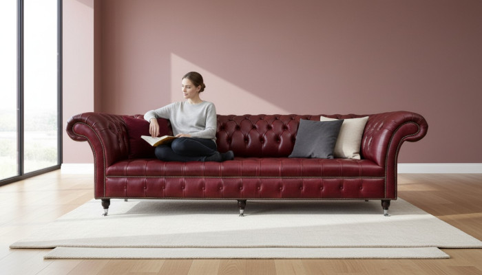 Sarkanā liela dīvāna kanāpa Chesterfield 265cm XXL polster sofas 4er ādas auduma jaunumi.