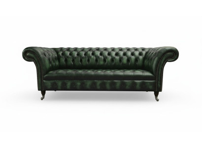 Trīsvietīgā dīvāna trīs sēdvietu Chesterfield jaunā antīkā zaļā polsterēta dīvāns.