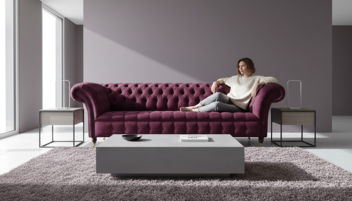 Sējama 3-vietīga Chesterfield dīvanu sofa, dzīvojamās istabas dizains, audums, bordo krāsa