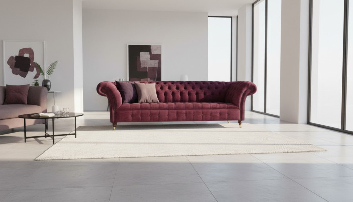 Sējama 3-vietīga Chesterfield dīvanu sofa, dzīvojamās istabas dizains, audums, bordo krāsa