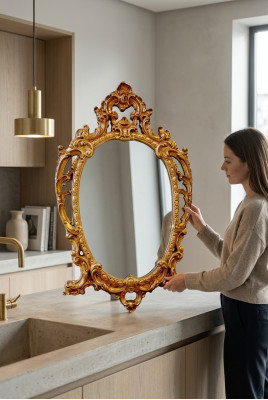 Klasiskais lielais skatsieniskais sienas spogulis koksnes zelts garderobe 64x104cm.
