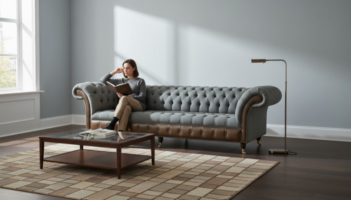 Chesterfield 4 vietu pelēks audums Dzīvojamā istaba dizains Polster Sofa Lielais tekstilizstrādājumu mēbeles
