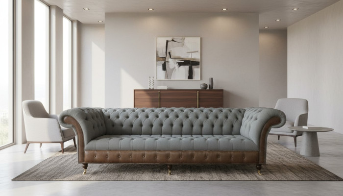 Chesterfield 4 vietu pelēks audums Dzīvojamā istaba dizains Polster Sofa Lielais tekstilizstrādājumu mēbeles