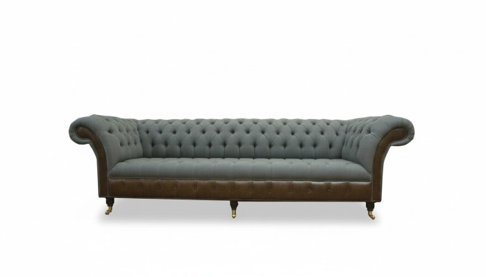 Chesterfield 4 vietu pelēks audums Dzīvojamā istaba dizains Polster Sofa Lielais tekstilizstrādājumu mēbeles
