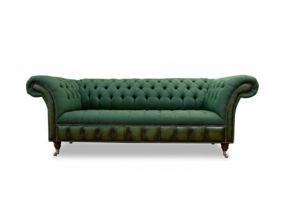 Chesterfield 3 sēdvietu tumši zaļas krāsas dzīvojamā istaba dizaina dīvāns ar auduma polsterējumu.