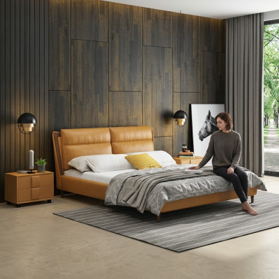 Dizenamā ādas gulta luksusa auduma gultai divguļamam guļamistabai 180x200 oranžais mēbeles
