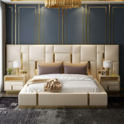 Gulta Polster Dizains Luksusa Koka Divguļamais Viesnīcas Gultiņa Miegamistaba