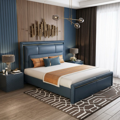 Mākslīgais gultas piegājas guļamistabā divvietīgā gultā luksusa viesnīcas gultas polsterēts ar ādu