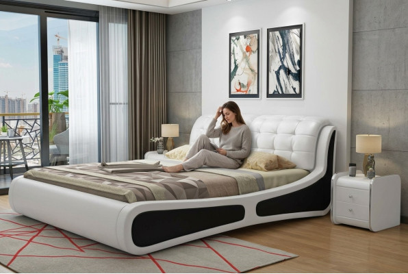 Gulta Pildspalvveida dizaina luksusa divguļamā gulta Balta 180x200cm guļamistaba ādas
