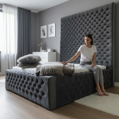 Dizainera modernā Chesterfield gulta modernā luksusa stilā ar augstu galvu.