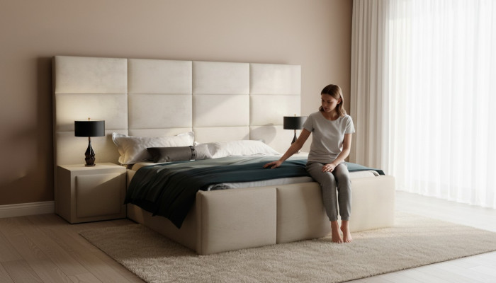 Boxspring dizaina gulta gultas laulības matracis guļamistabā luksusa viesnīcā.