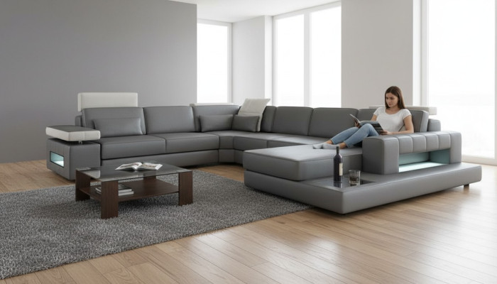 Sofas Pelēkas Jauna Sofa U-formas auduma dīvāns Dzīvojamais stūris Dizains Moderns Āda