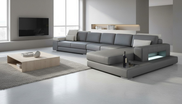 Sofas Pelēkas Jauna Sofa U-formas auduma dīvāns Dzīvojamais stūris Dizains Moderns Āda