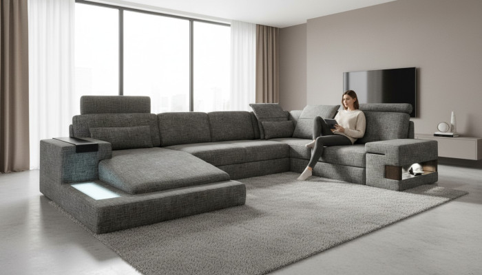 Ecksofa U-Form Dizaina Mūsdienīga Sofa Couchen Tekstila Dīvāns Dzīvojamās Istabas Apgaismojums Jauns