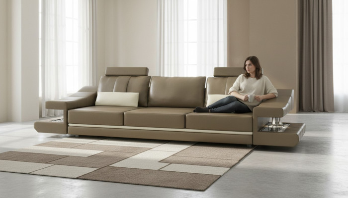 Mūsdienīgais dizaina luksus dīvāns 3 vietas mēbeles audums āda brūns liels dīvāns sofa