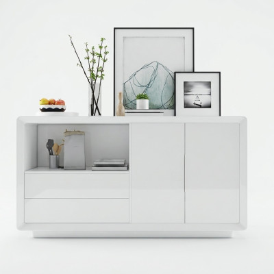 Sideboard ar 2 durvīm un 2 plauktiem, baltais skapītis ar plauktu.