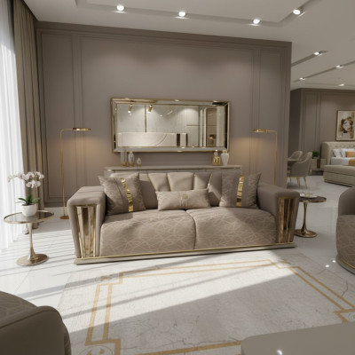 Dīvāns 3-vietīgs ar tekstilu un koka elementiem. Moderns dīvāns ar auduma pārklājumu. Sofa dizaina luksusa jauna modeļa dīvāns.
