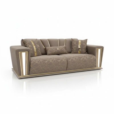 Dīvāns 3-vietīgs ar tekstilu un koka elementiem. Moderns dīvāns ar auduma pārklājumu. Sofa dizaina luksusa jauna modeļa dīvāns.