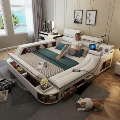 Gulta Viesnīca 180x200cm Multifunkcionālais Plaukts USB dizaina Gulta xxl Lielais Ādas