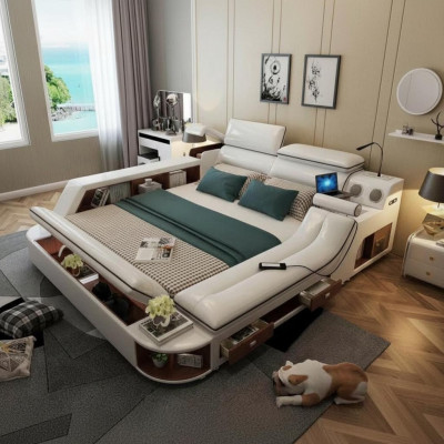 Gulta Viesnīca 180x200cm Multifunkcionālais Plaukts USB dizaina Gulta xxl Lielais Ādas