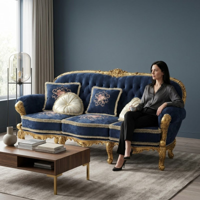 Chesterfield klasiskā 3-vietu dīvāns ar auduma pārklājumu - jauna mēbeļu sērija.