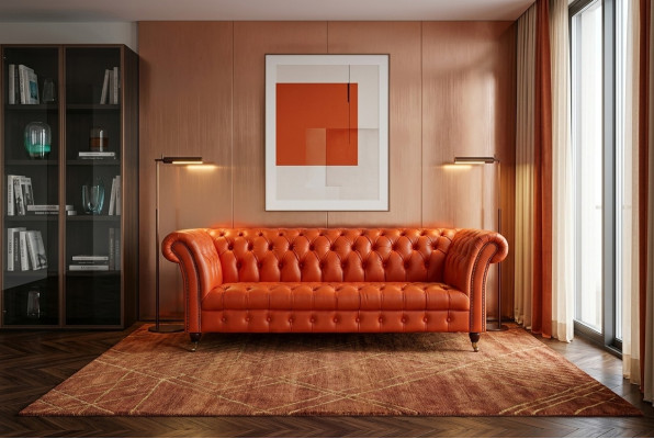 Dizainera dīvāns 3 vietu Chesterfield stīgu dīvāns Polster Sofas dizaina oranža.