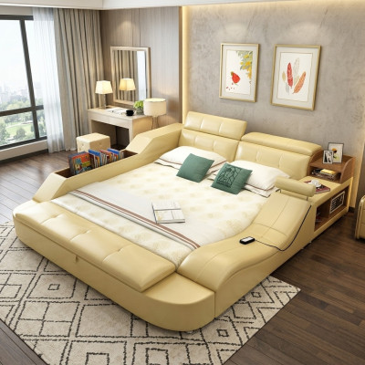 Vielu funkciju gulta luksusa dizains ādas gultas dubultais dekoratīvais plaukts 180x200cm