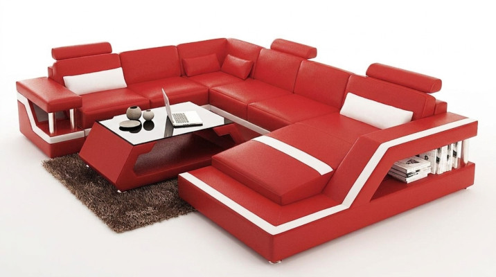 Sarkanā stūra ādas sofa, liela XXL U formas dzīvojamā zona dīvāns dīvāns