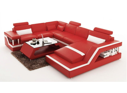 Sarkanā stūra ādas sofa, liela XXL U formas dzīvojamā zona dīvāns dīvāns