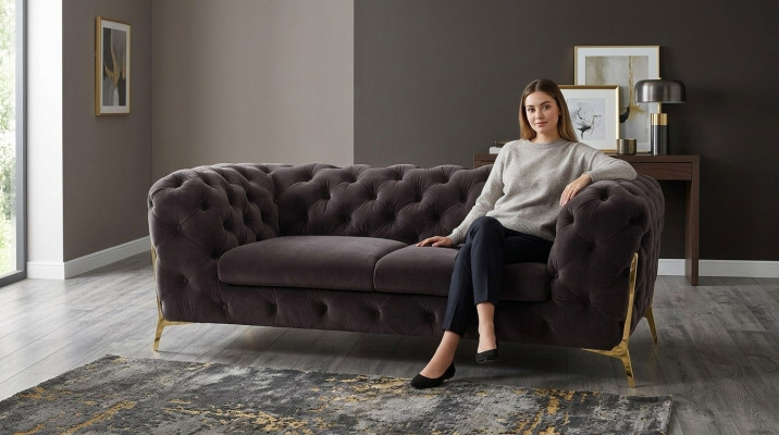 Chesterfield Samta dizainera dīvāns 2-vietīgs dīvāns audums Samts komplekts zelta kājiņas