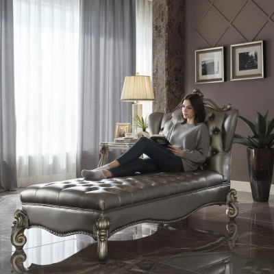 Chaiselongue Chesterfield Liege Chaise Leather Sofa Relax Silver Baroque