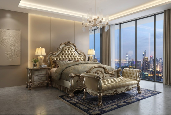 Gulta 2x nakts galdiņi 3 gab. Guļamistabas komplekts Luksusa gultas Chesterfield Ādas