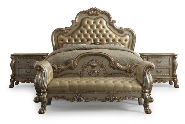 Gulta 2x nakts galdiņi 3 gab. Guļamistabas komplekts Luksusa gultas Chesterfield Ādas