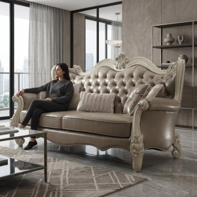  Drejošā vieta 3 osobu atpūtas sofa Lounge sofa ar audekla polsteru un ādas detaļām.