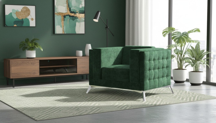 Chesterfield krēsls 1-vietīgā dīvāns ar jaunu auduma pārklājumu televizora galdam.