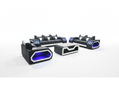 Sofas komplekts kanapēs 3+2+1 + galds ādas dīvāns ar apgaismojumu dizaina polsterējumu