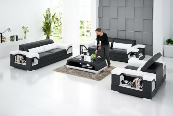 Dīvāns Ar galdiņu Sofas komplekts 3 vietas Dīvāna galds Ādas dīvāns Moderns dīvāns Dzīvojamā zona