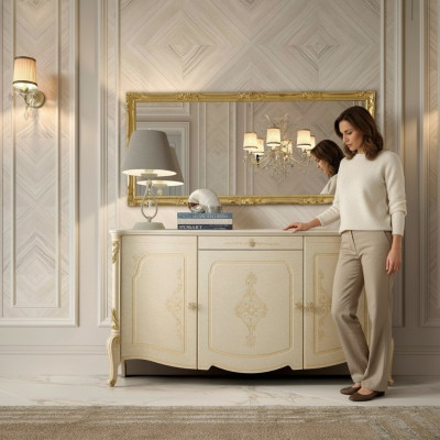Kumode ar spoguli, koka kommodes mēbeles skapis guļamistabā melns sideboards.