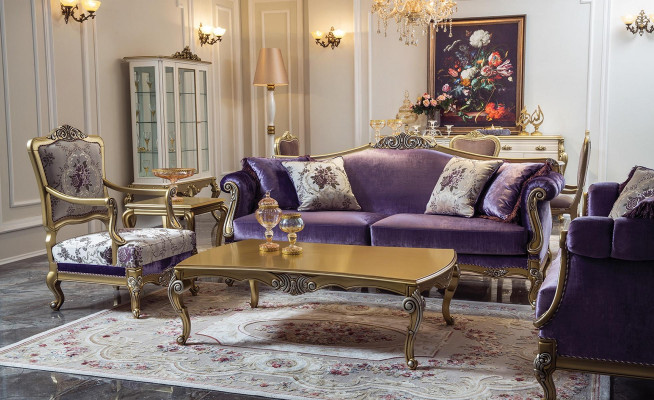 Trijvietīgā sofa 3-vietīgā dīvānās Luksusa dīvāns Samts Baroka rokoko Violeta